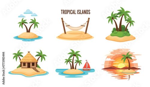 Collection of flat design tropical island scenes with palm trees, bungalow, hammock and sailboat
