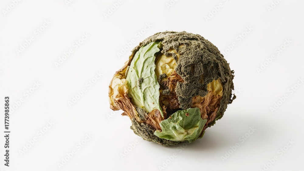 Fototapeta premium A moldy food item with green, yellow, and brown parts, showing signs of decay and spoilage.