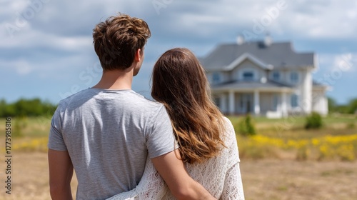 Couple standing together in a field looking at a newly purchased house with a lush garden
