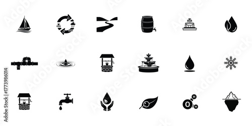 Water glypy icon set,Sailboat on Water, Water Cycle, River, Water Barrel, Water Fountain , Water Drop with Leaf, Water Pipes, Water Ripple, Water Well, Snowflake, vector silhouette illustration 