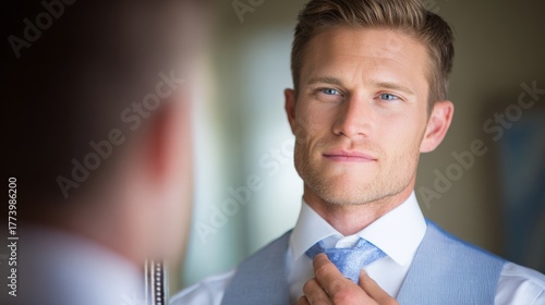 Confident young man adjusting his tie and looking at his reflection in the mirror preparing for a formal event