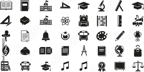 Education and school related icons representing various subjects and tools
