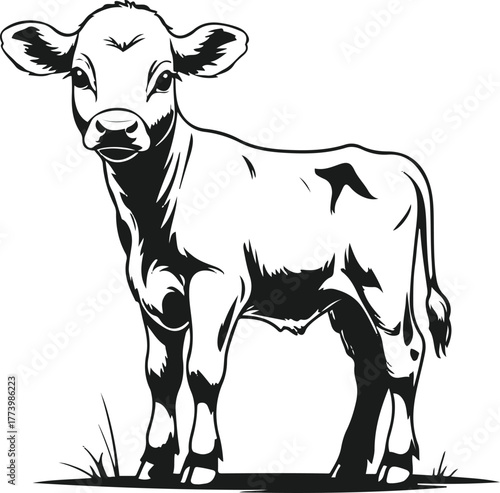 Cute calf outline drawing, soft rounded black strokes, white background, simple baby animal pose, family farm style minimal vector 2