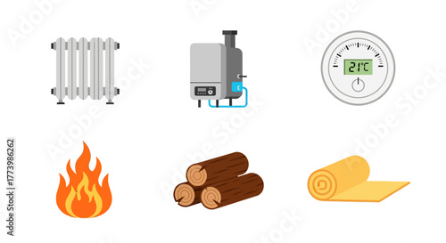 Essential home heating elements and energy solutions in flat design