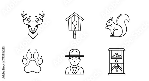 Minimalist wildlife and nature icons featuring deer, squirrel, and forest elements