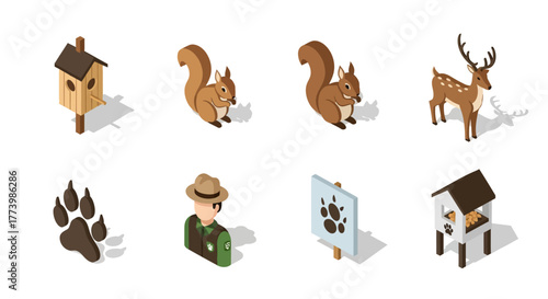 Isometric forest icons set: squirrel, deer, birdhouse, park ranger, animal footprint