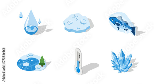 Set of isometric blue ice icons with water, snow, and temperature elements