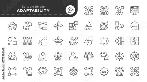 Adaptability line icon set. Adaptive, flexible, ability, agility, efficiency, integration, coping strategy, apid adaptation and more. Outline icon in linear style. Vector collection.