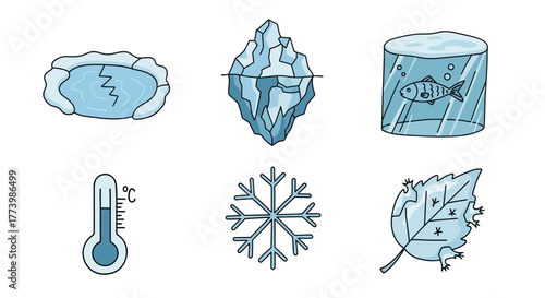 Winter elements set: iceberg, snowflake, frozen leaf and more in cartoon style