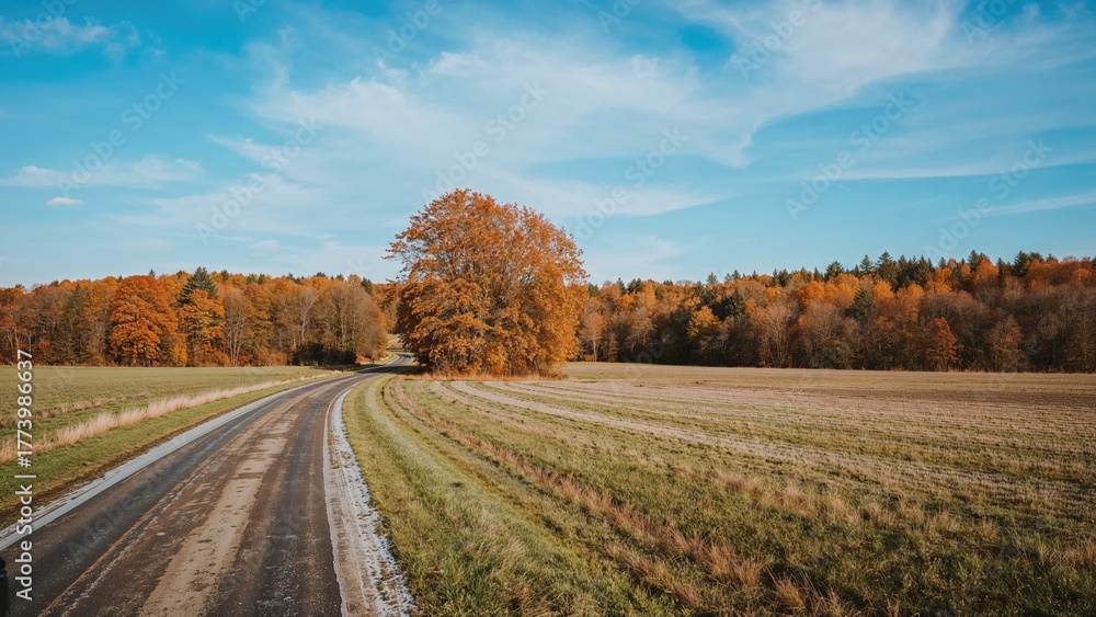 Naklejka premium Autumn landscape with a road, trees with fall foliage, and fields under a blue sky.