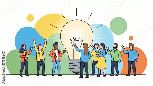 Creative team with a bright idea, diverse group of people together working towards a solution with a light bulb, innovation and collaboration concept