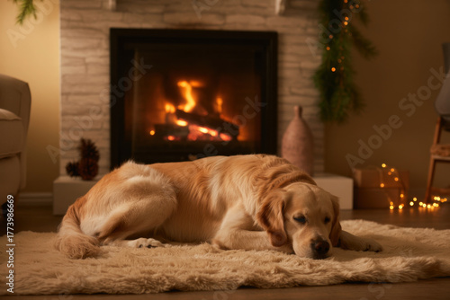 Wallpaper Mural Golden retriever dog relaxing on a rug in front of a fireplace cozy winter scene perfect for home decor and lifestyle concepts Torontodigital.ca