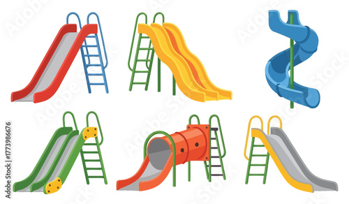 Collection of colorful playground slides and tube slides, diverse designs for outdoor park fun and childhood recreation