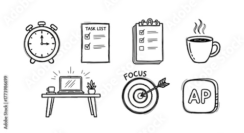 Hand drawn productivity icons: task lists, focus targets, coffee, and workspace