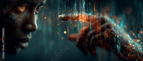 A hand reaches toward a glowing, digital face, symbolizing human-technology interaction. The futuristic image evokes themes of connection and virtual reality.