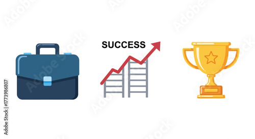 Business growth icons: briefcase, rising graph, trophy celebrating success