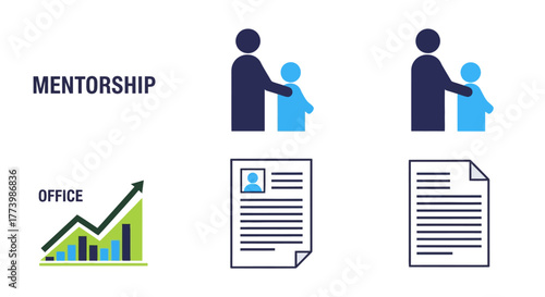 Office mentorship icons: growth, guidance, and document management