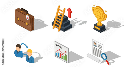 Isometric office concepts: success, growth, and networking icons