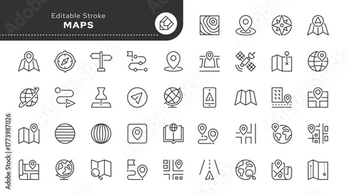 Maps line icon set. Map pin, location, navagation, gps, locate, street map, roadmaps, address, road navigation, push pin, geolocation and more. Outline icon in linear style. Vector collection.