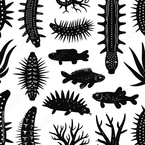 Different sea cucumber body textures icons, dotted and spiked line variations, white background, simple biology & seafood infographic vector pack