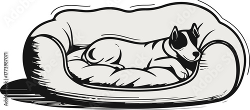 Dog bed and cushion outline illustration, soft rounded shapes, white background, thin and thick stroke mix, cozy pet furniture vector 2