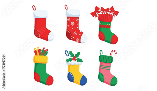 Set of six festive christmas stockings in various designs and colors including gifts, snowflakes, candy canes, and holly, flat illustration