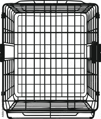 Dog crate carrier outline, simple cage shapes, black clean stroke, white background, safe minimalist vector design