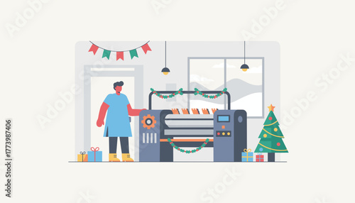 Seasonal business production Worker operates decorated machine near Christmas tree and gifts