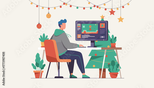 Young man gaming at a decorated desk with a Christmas tree Digital holiday lifestyle