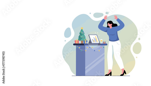 Celebrating holiday success Woman cheers next to business graphs and Christmas decorations