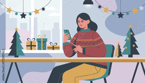 Angry woman checks phone stressed by digital communication during the holiday season