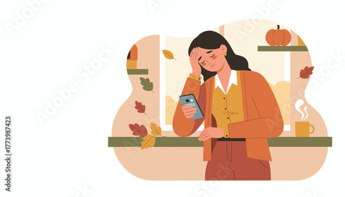 Woman with headache reading bad news on smartphone during autumn Stress and burnout concept