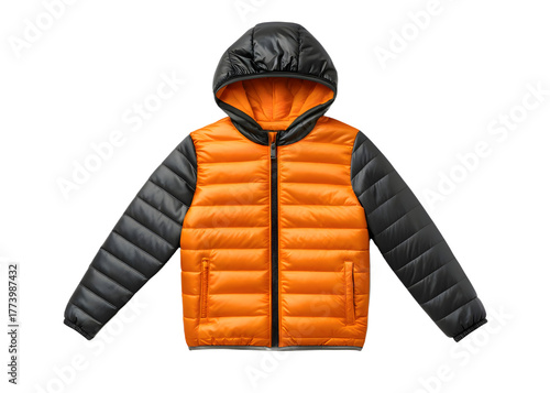 Bright orange and grey hooded puffer jacket on a black background