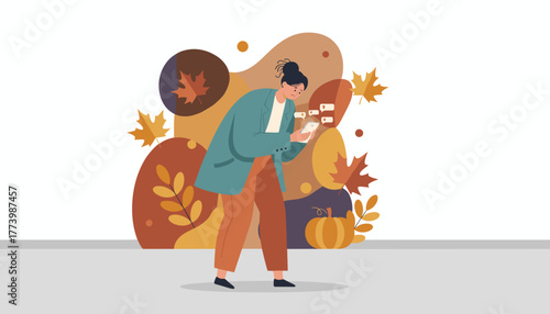 Worried woman viewing notifications on her phone surrounded by autumn decor Social anxiety