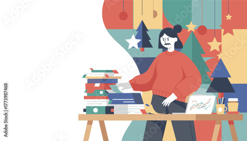 Yearend stress woman overwhelmed by work pile at desk with Christmas decorations