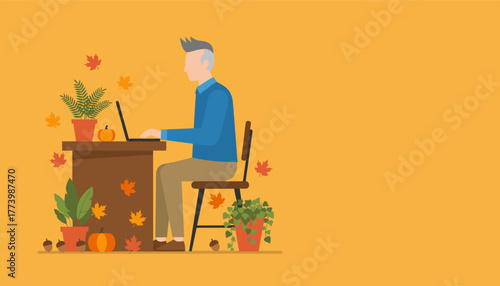 Man working remotely on a laptop in an autumnthemed office Cozy freelance concept vector graphic