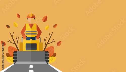 Autumn road construction worker operating heavy machinery Fall maintenance concept