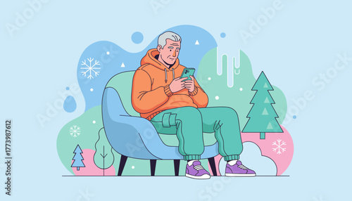 Casual senior man using phone while relaxing in an armchair outdoors during the winter season