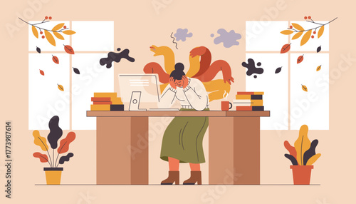 Female worker suffering burnout from immense job pressure and multiple tasks