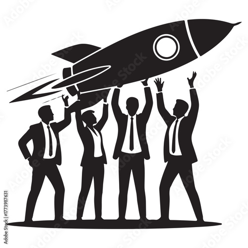 Teamwork lifting rocket for startup business concept use