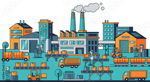 Busy factory and production line illustration with logistics transportation and supply chain management