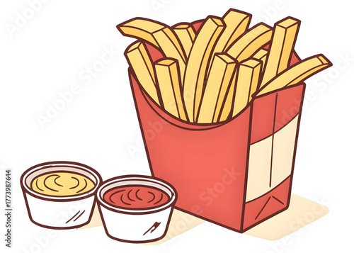 Delicious french fries in a red carton with dipping sauces