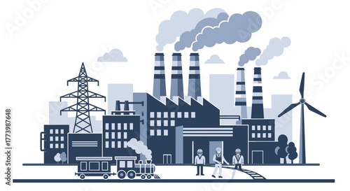 Industrial factory complex with smokestacks power tower workers and train Manufacturing concept