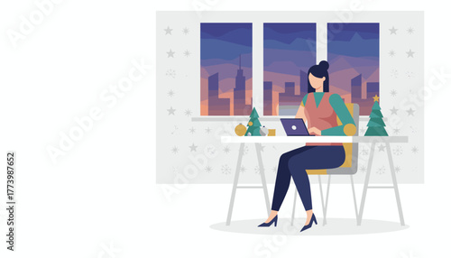 Woman working on laptop in a festive office during winter holidays with city skyline view