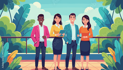 Diverse professional team smiling on a tropical balcony symbolizing success collaboration and modern business