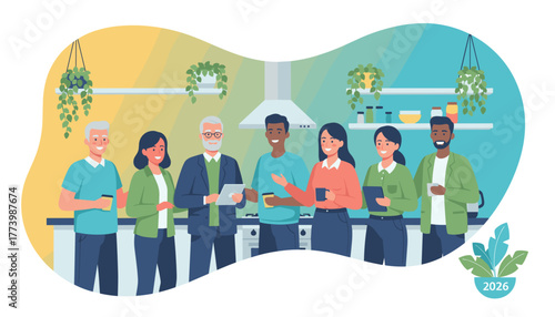 Diverse business team having a casual break in the office kitchen discussing ideas and drinking coffee