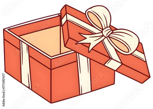 Open red gift box with ribbon and bow on black background