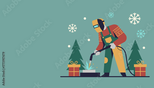Industrial Christmas illustration Welder in festive attire working amidst snow trees and gifts