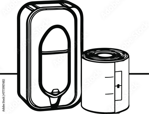 Dog poop bag dispenser and waste bag roll outline, white background, black contour, clean minimal eco-friendly pet accessory vector