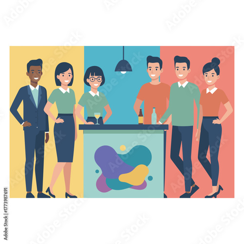 Diverse business team networking and smiling at an afterwork happy hour bar counter